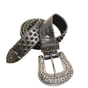 Western Black Rhinestone Belt Genuine Leather XL Croc Embossed‎ Cowboy Punk